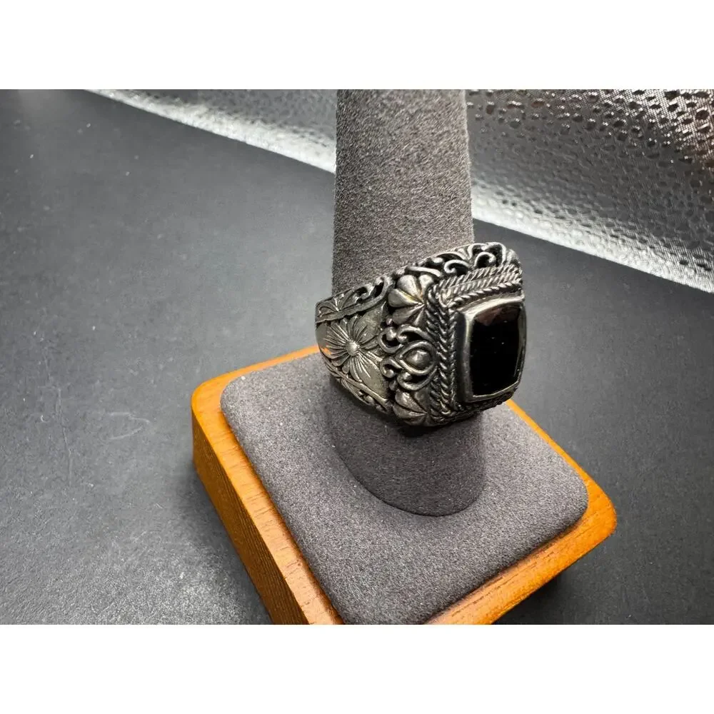 Chuck Clemency STS Sterling Silver 925 Ring Black Onyx Stone Filigree Sz 10